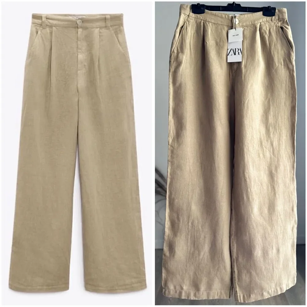 ZARA WIDE LEG LINEN PANTS LIGHT KHAKI